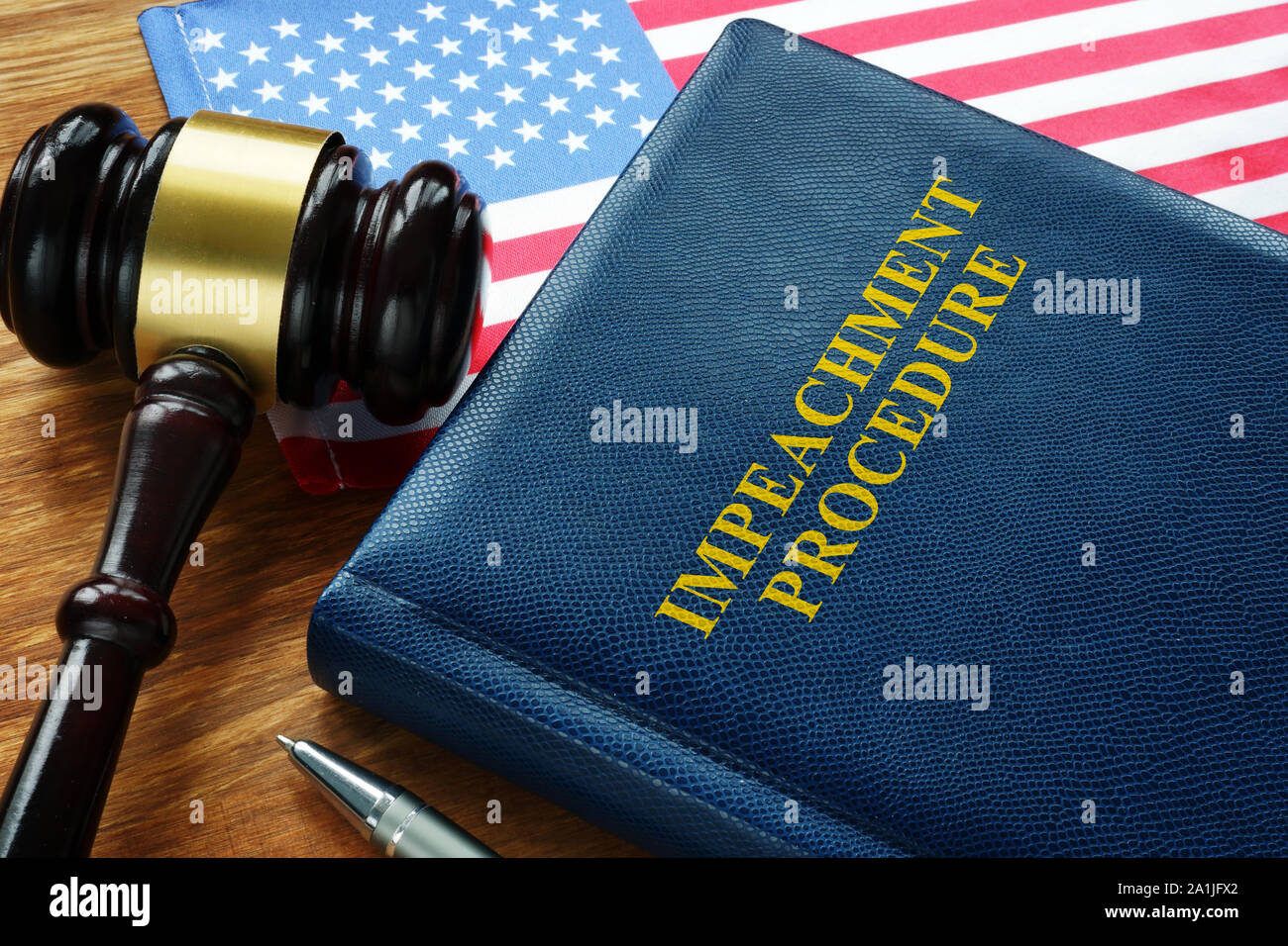 Impeachment procedure law, gavel and USA flag. Stock Photo