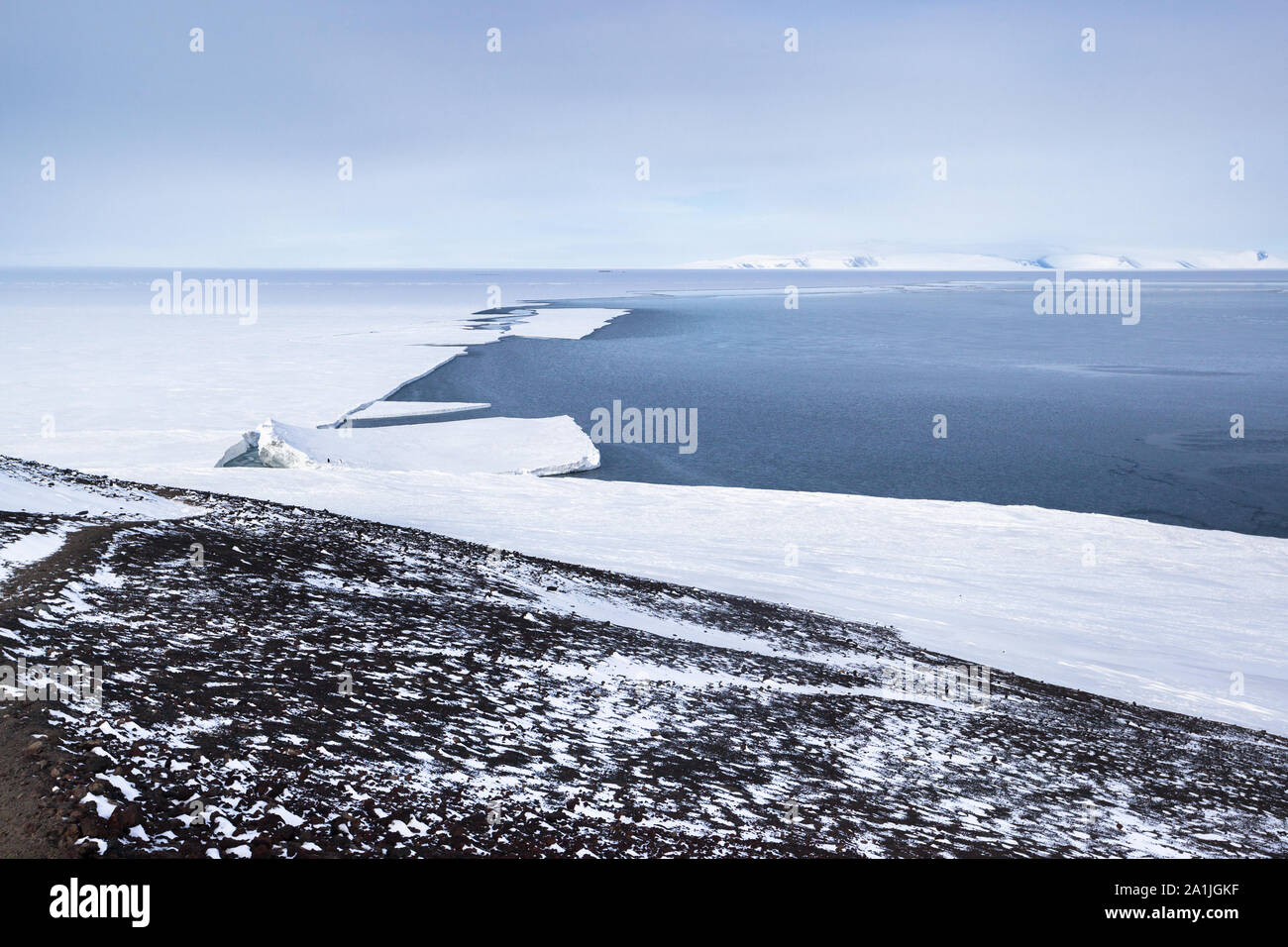 Break up of the sea ice that sits in front of the Ross/McMurdo Ice shelves. Near Scott Base and McMurdo Station, Antarctica Stock Photo