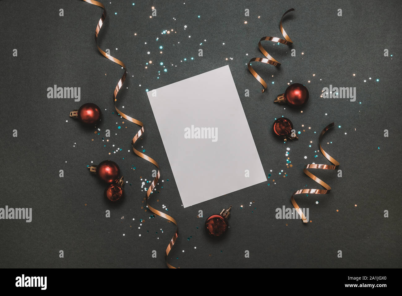 Download Blank Card With Golden Streamers Sparkles And Red Balls Holiday And Invitation Mockup Christmas Concept Flat Lay Top View Stock Photo Alamy