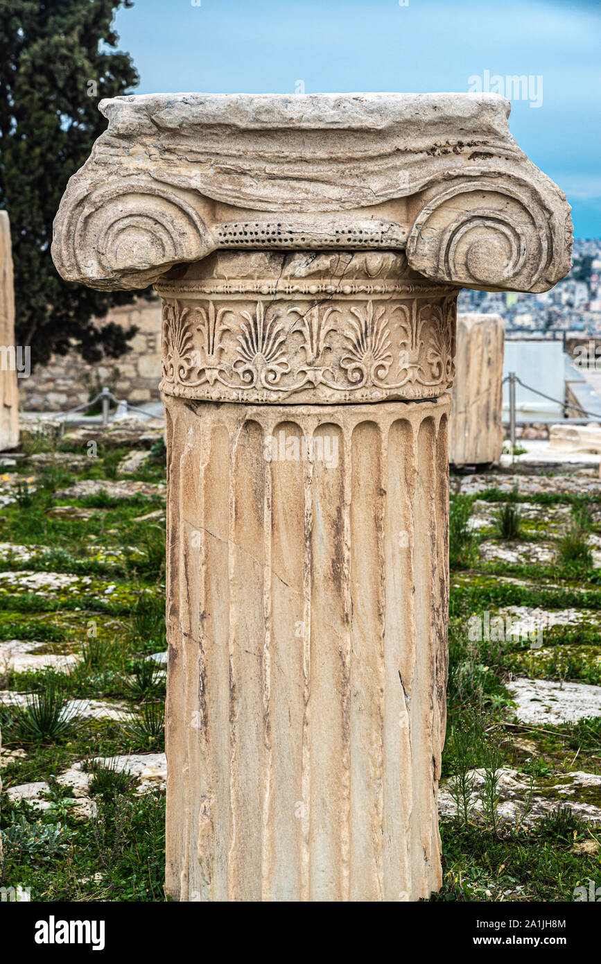 Closeup of a column and decorated chapiter of the Acropolis of Athens, Greece Stock Photo