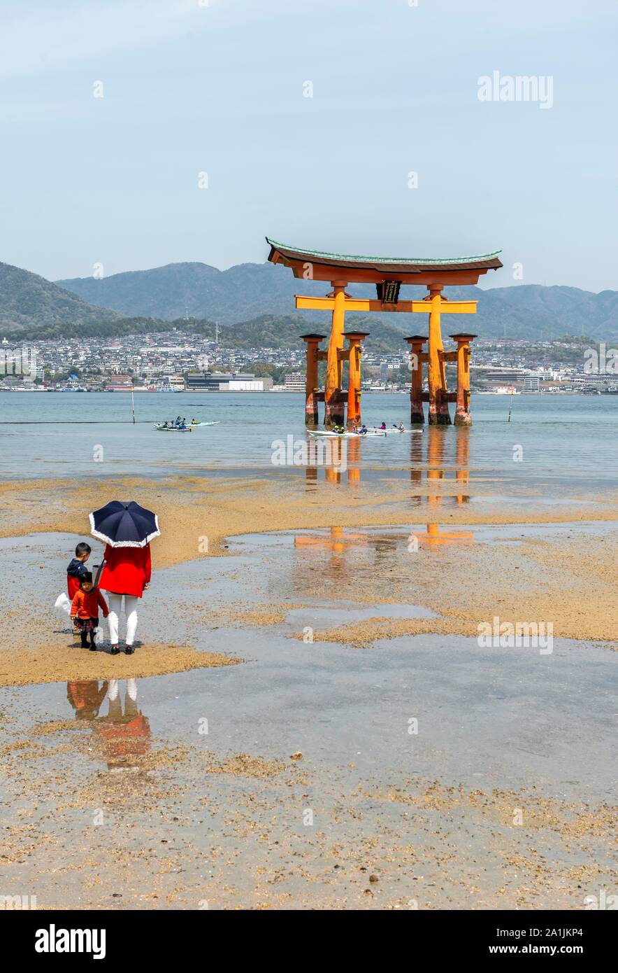 Itsukushima Floating Torii Gate in Water, Isukushima Shrine, Miyajima Island, Hiroshima Bay, Japan Stock Photo