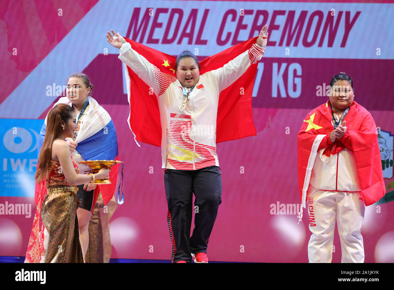 Pattaya Thailand 27th Sep 2019 Li Wenwen C Meng Suping R Of China And Tatiana Kashirina Of Russia Attend The Victory Ceremony Of The Women S Weightlifting 87kg Event At The 2019 World