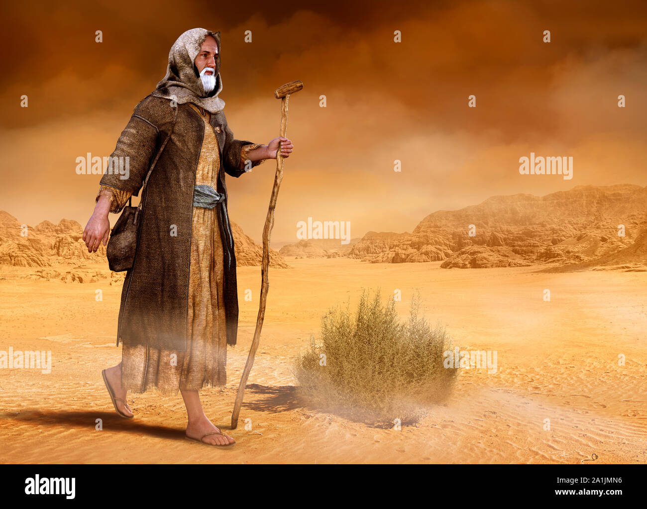 Biblical Moses walks through the Sinai desert, the wilderness, in
