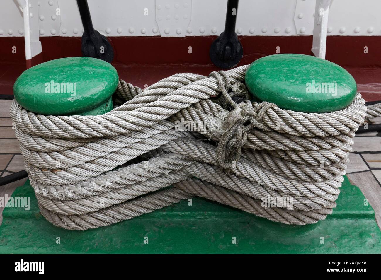 Bollard, wrapped in rope, on the four-mast barque Passat, Lubeck-Travemunde, Lubeck Bay, Baltic Sea, Schleswig-Holstein, Germany Stock Photo