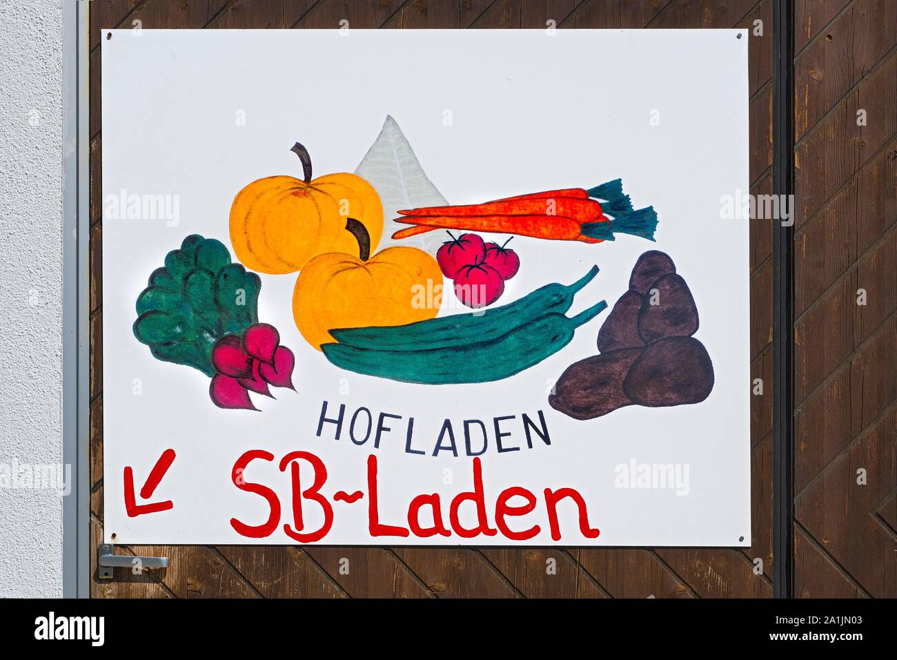 Sign farm shop at the door of a farm, Schlacht, Upper Bavaria, Bavaria, Germany Stock Photo