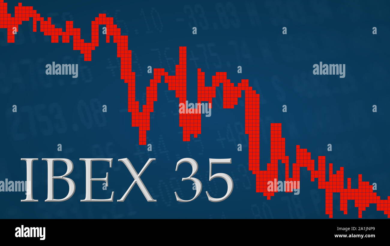 The Spanish stock market index IBEX 35 is falling. The red graph next to the silver IBEX 35 title on a blue background is showing downwards and... Stock Photo