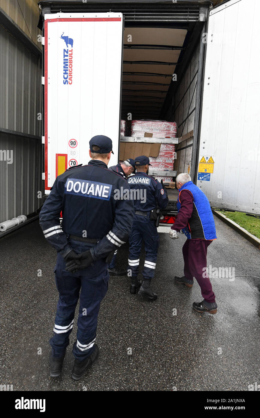 Customs control at the ferry terminal of the port of Dieppe (northern France). Customs officers inspecting a truck Stock Photo