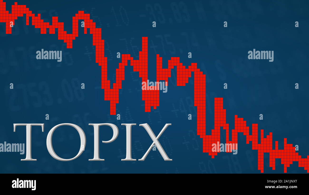The Japanese Tokyo Stock Price Index TOPIX is falling. The red graph next to the silver TOPIX title on a blue background shows downwards and... Stock Photo