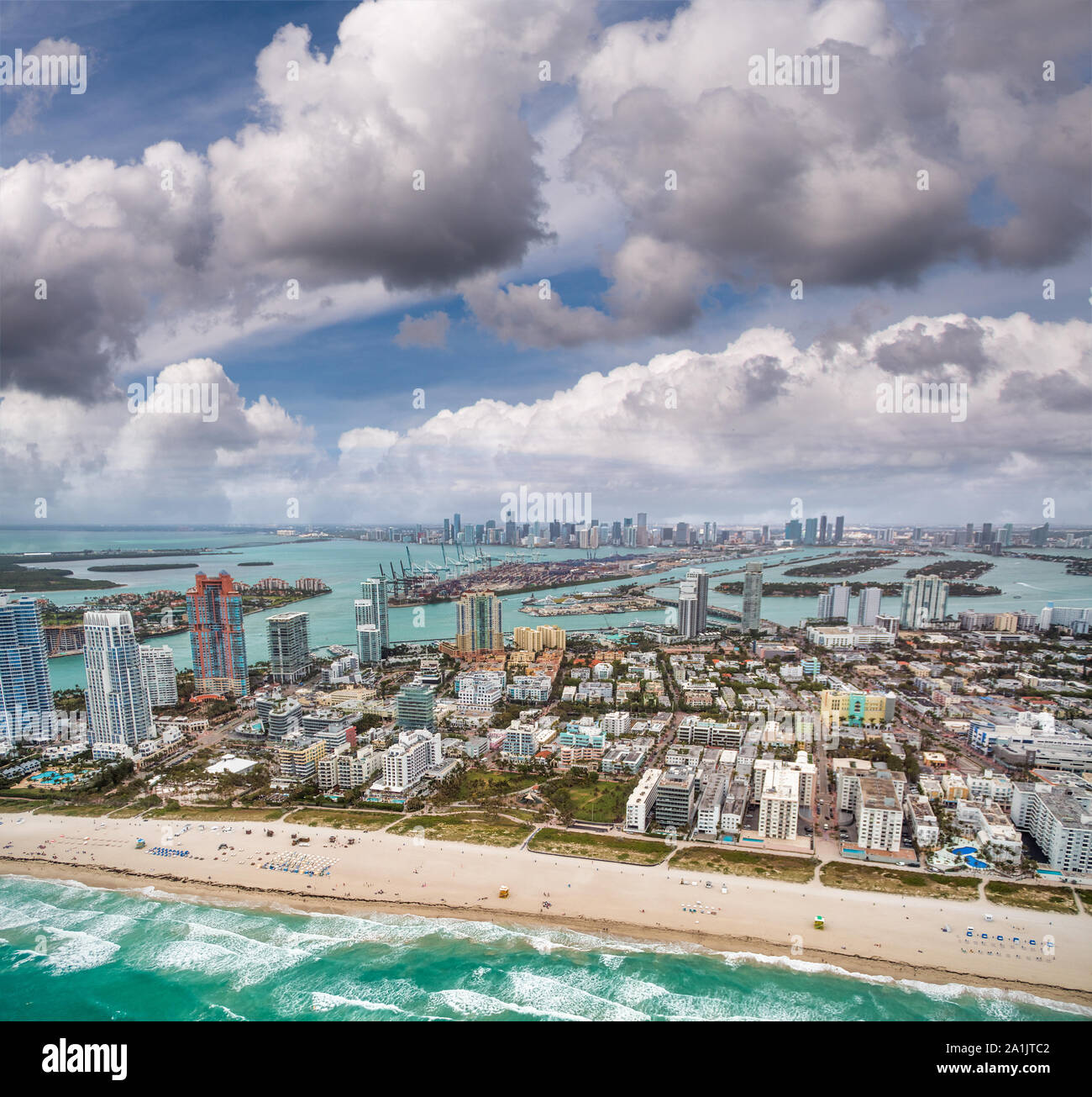 Panoramic aerial view of Miami Beach and Downtown Miami with ocean, buildings and causeways, Florida Stock Photo