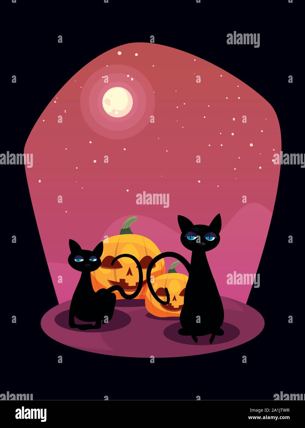 pumpkin with black cat in scene of halloween vector illustration design ...