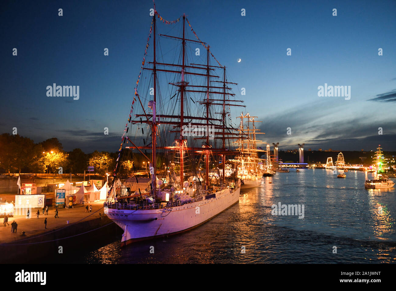 7th edition of the 'Armada du siecle' (Armada of the century) in Rouen (northern France) on June 6, 2019. Night view of the four-masted ship Sevov at Stock Photo
