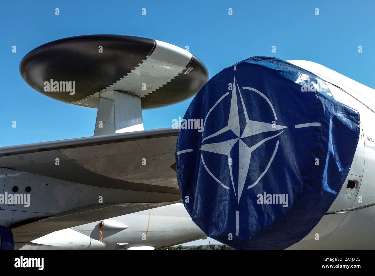 Boeing E-3 AWACS Sentry covered engine, NATO logo Stock Photo