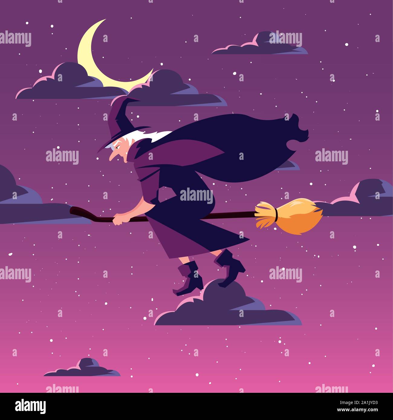 witch flying with broom in scene of halloween vector illustration ...