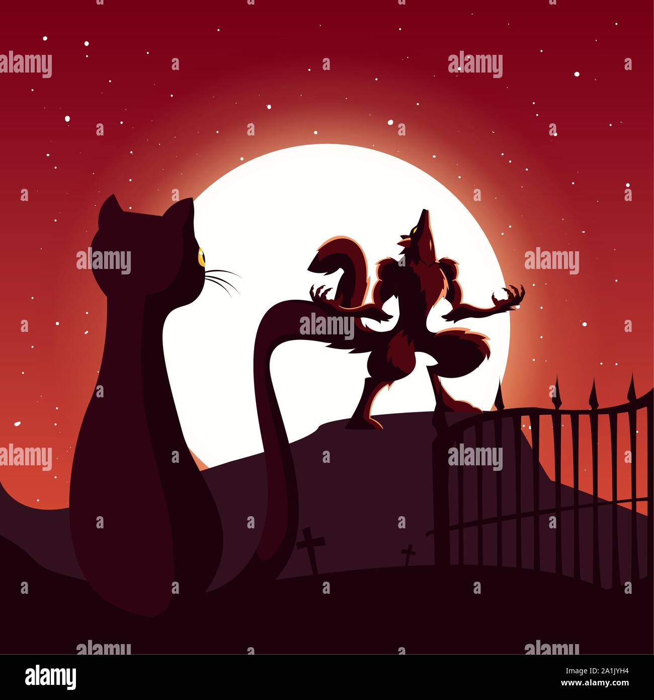black cat with moon in scene of halloween vector illustration design ...