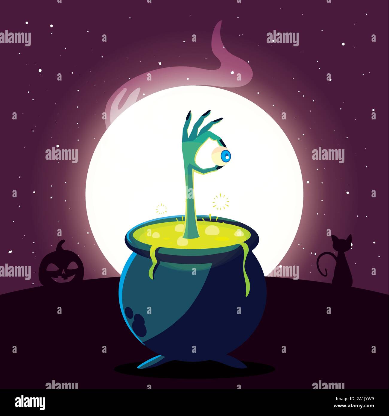 cauldron bubbly of witch in scene of halloween vector illustration ...