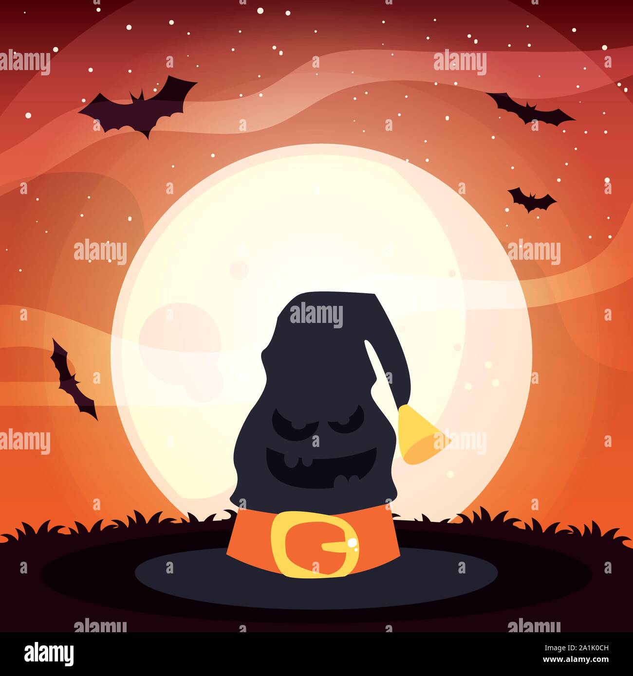 witch hat with moon in scene of halloween vector illustration design