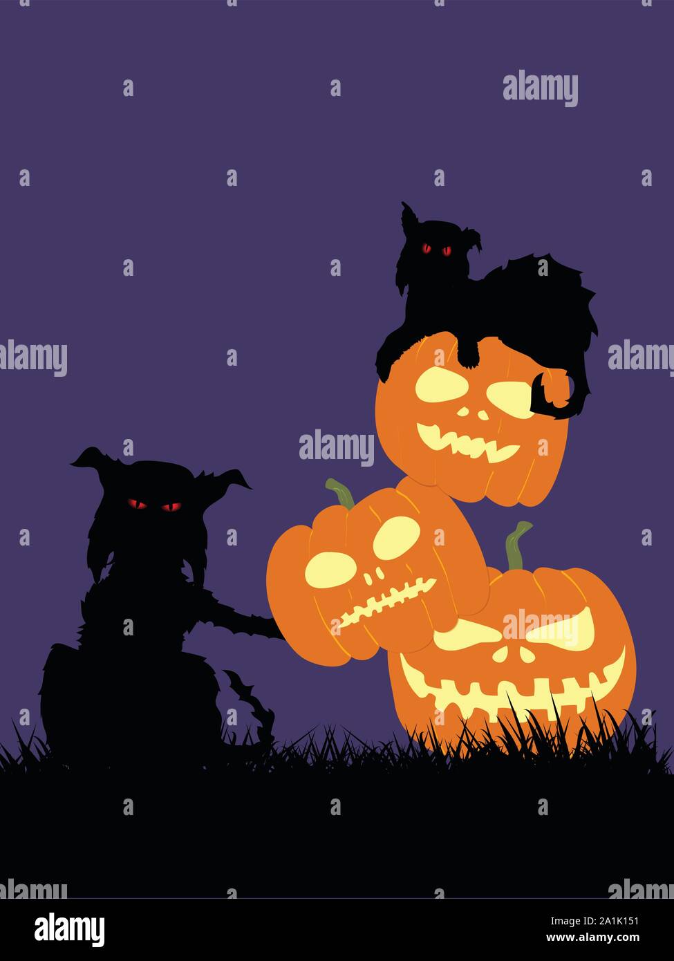 Hand Drawn Halloween Illustration Of Two Spooky Feral Cats Silhouette And Pile Of Pumpkins On Grass Over Purple Background Stock Vector