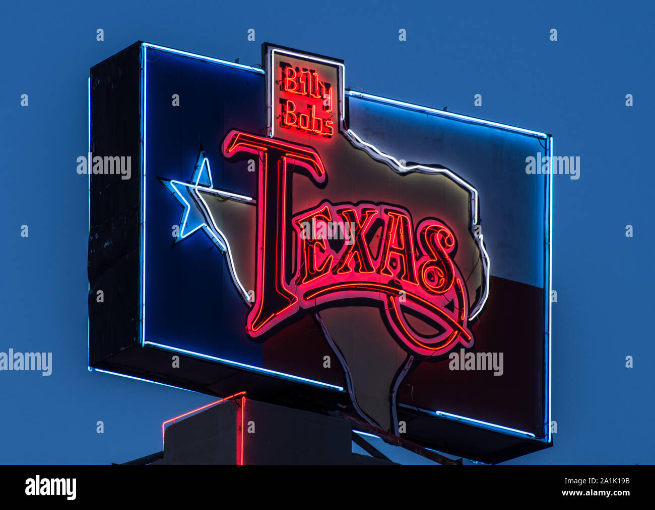 Neon sign for Billy Bob's western and honkytonk bar in Fort