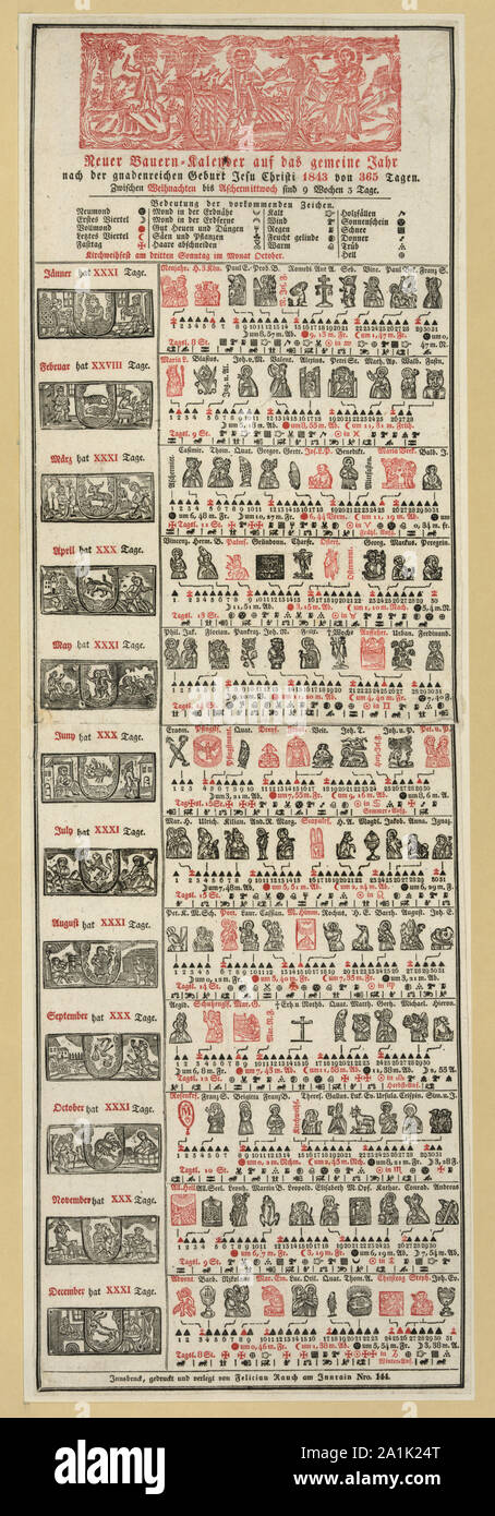 Neuer bauern - kalender auf das gemeine jahr nach de gnadenreichen geburt Jesu Christi 1843 von 365 tagen Stock Photo