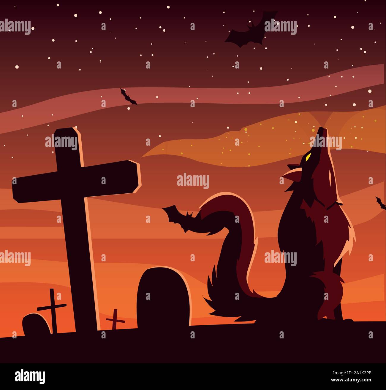 angry wolf howling in cemetery scene vector illustration design Stock Vector