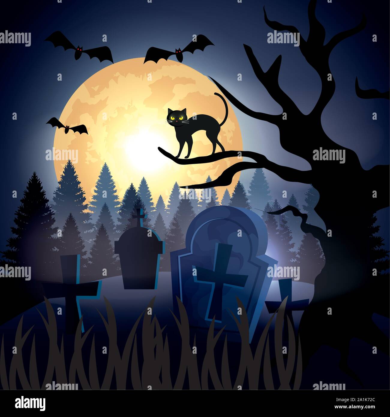 halloween cat over dry tree in cemetery Stock Vector Image & Art - Alamy