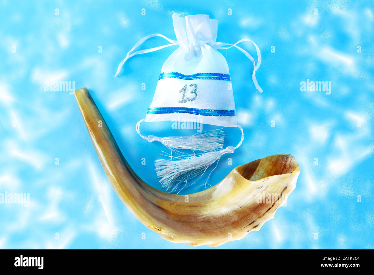 Shofar horn and a gift bag for bar mitzvah. Greeting card. Invitation a