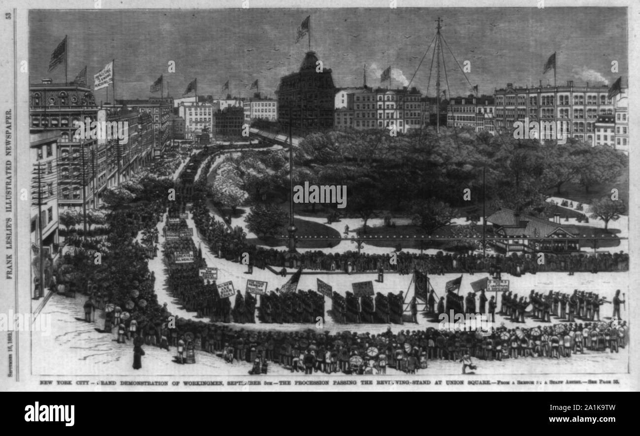 New York City - grand demonstration of workingmen, September 5th - the procession passing the reviewing stand at Union Square [Bird's-eye view] Stock Photo
