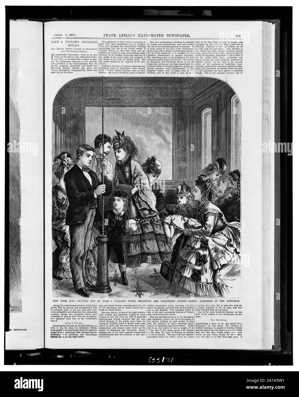 New York City - opening day at Lord & Taylor's store, Broadway and Twentieth Street - ladies ascending in the elevator / Hyde. Stock Photo