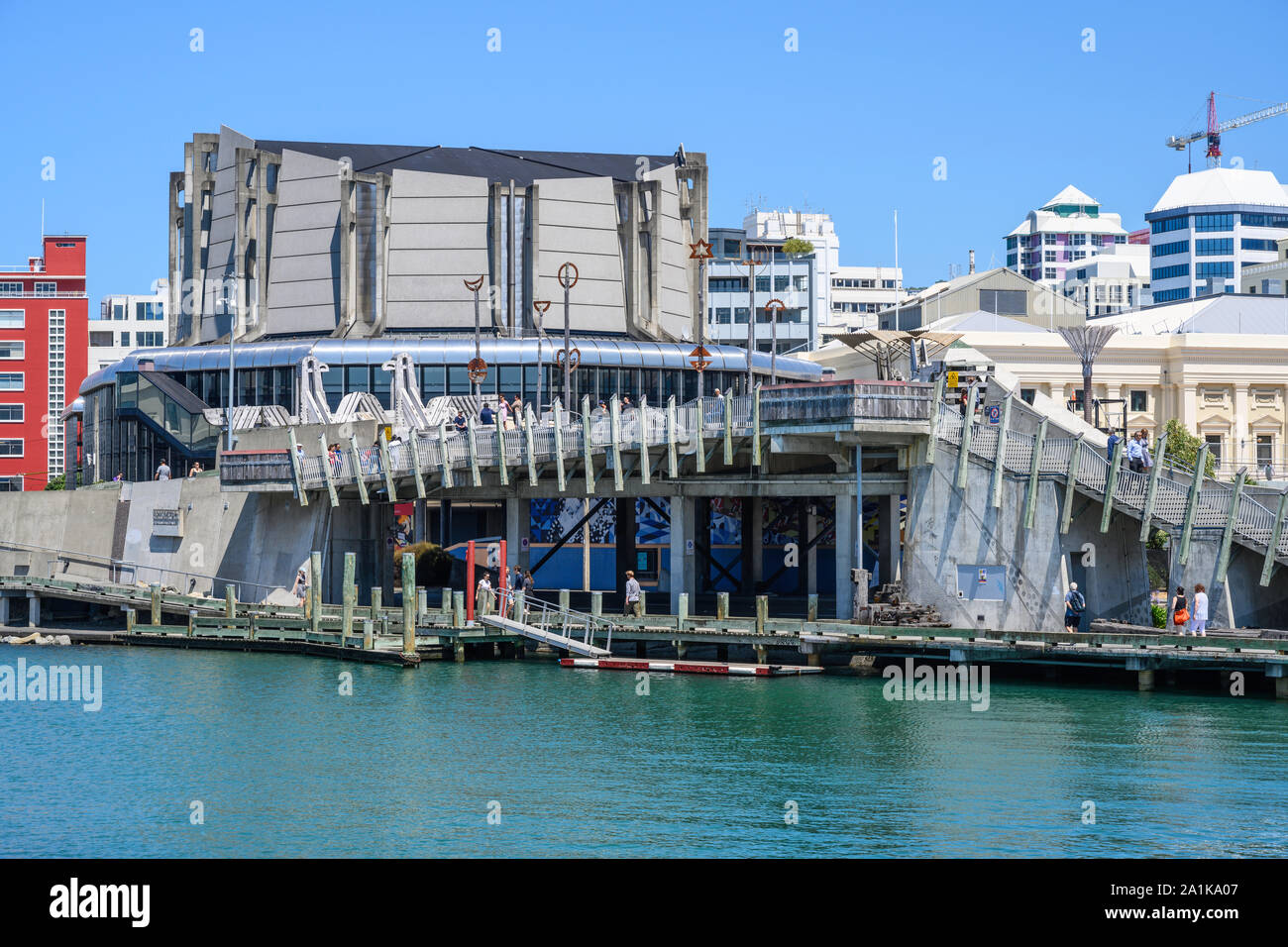 The City to Sea Bridge is a pedestrian bridge crossing Jervois Quay linking Civic Square to the the Wellington waterfront, Wellington, New Zealand. Stock Photo