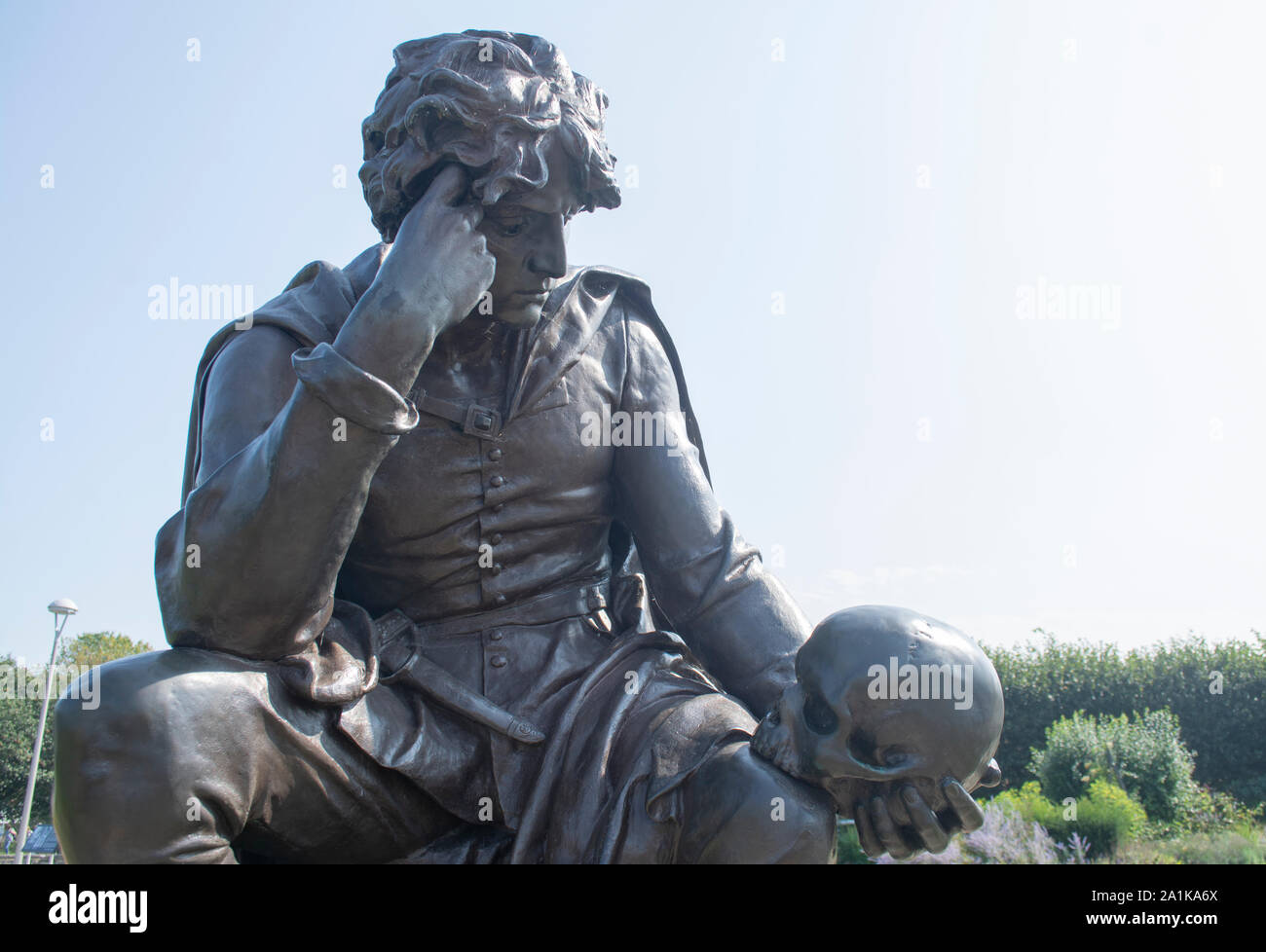 Statue of William Shakespears Hamlet in the Bancraft Gardens Stratford-Upon-Avon UK Stock Photo