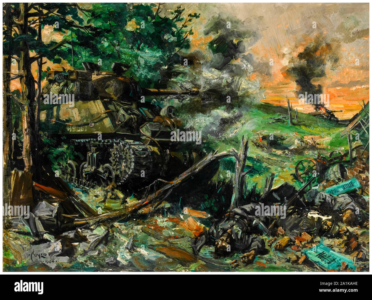 British, WW2, Artwork, Tank Battle, painting, Terence Cuneo, 1939-1946 Stock Photo