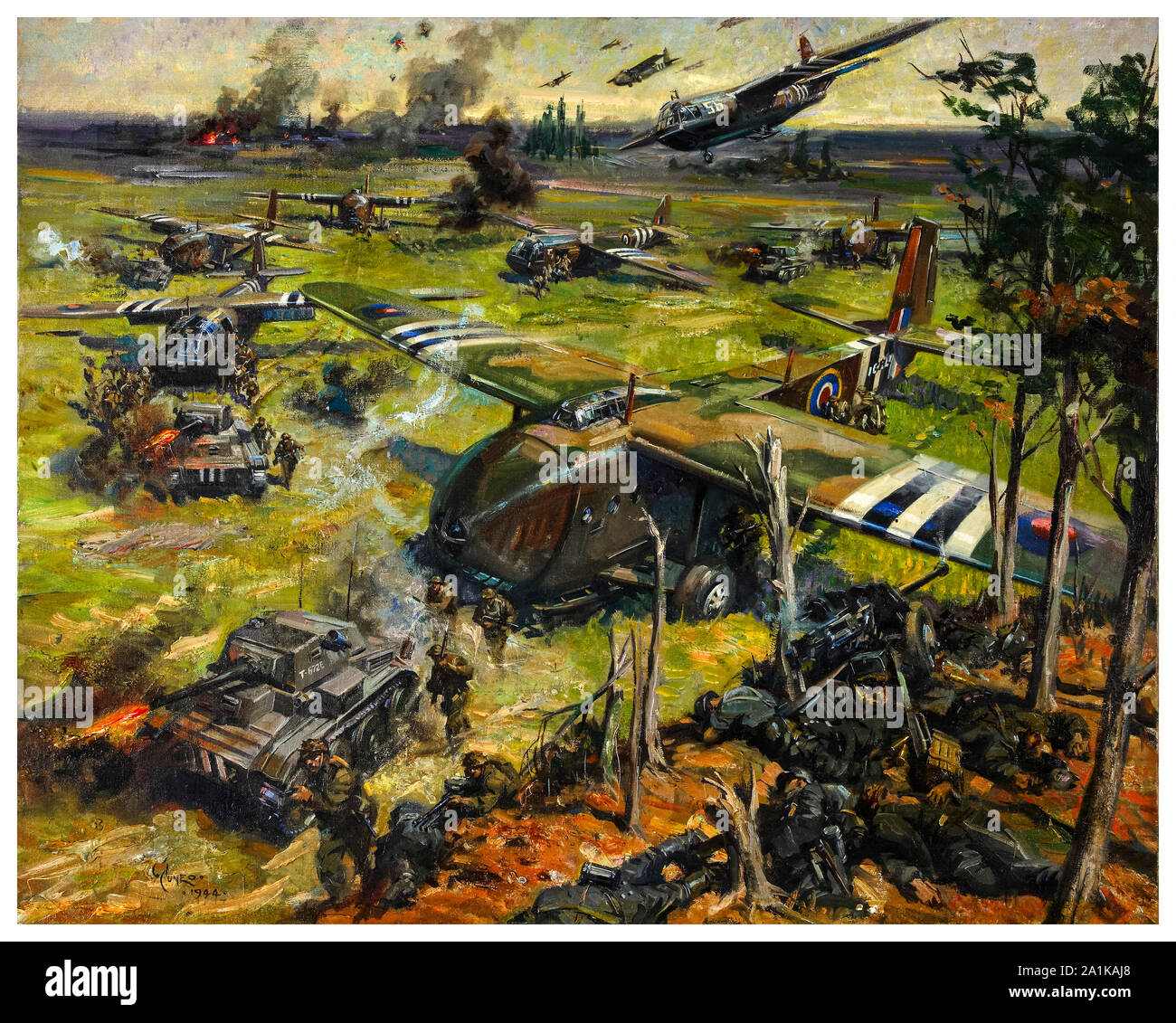British, WW2, Artwork by Terence Cuneo, Invasion Scene, Troop carrying, Airspeed Horsa gliders, land in a field amidst a tank battle, painting, 1939-1946 Stock Photo