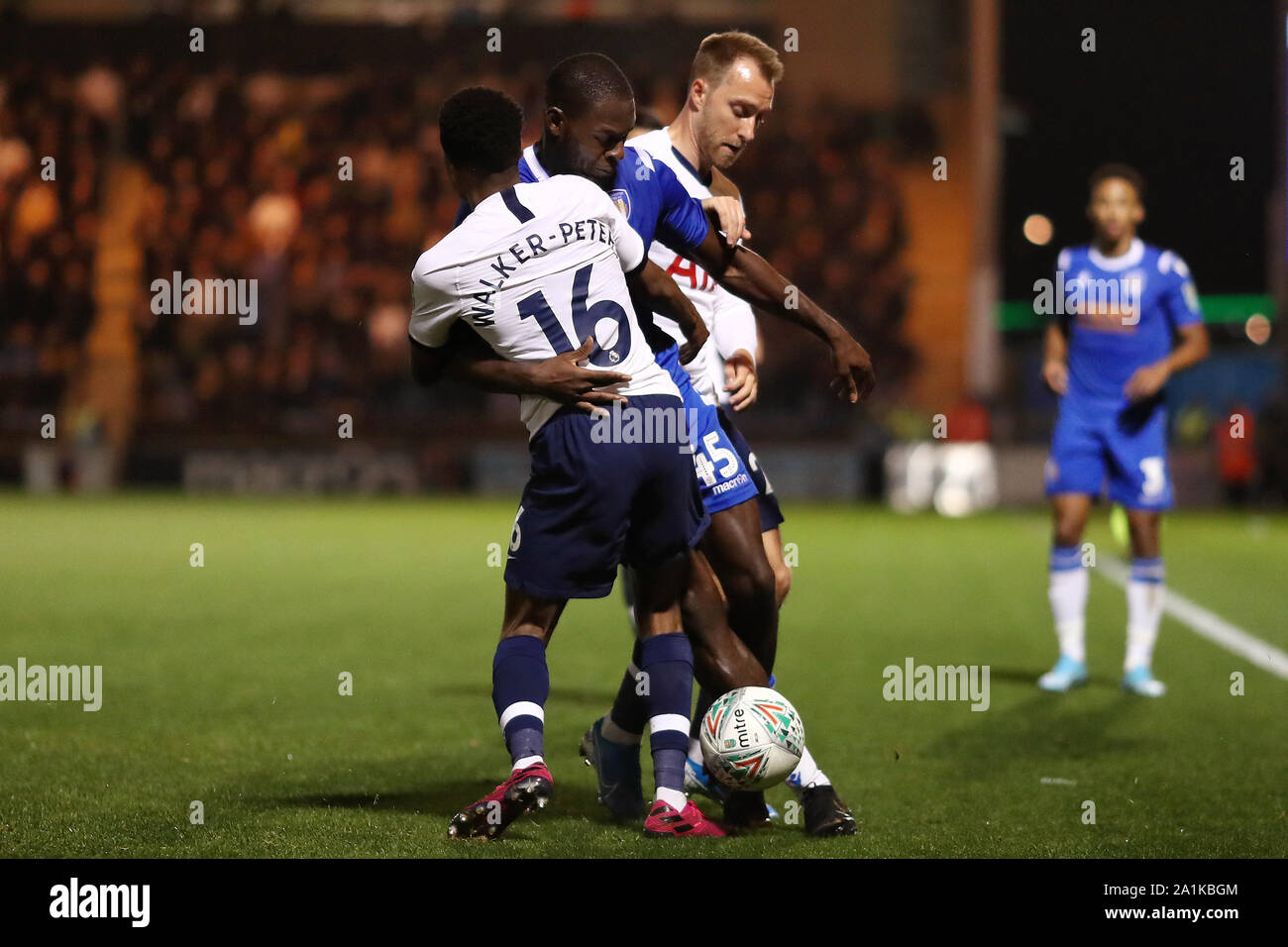 Frank Nouble Of Colchester United Battles With Kyle Walker Peters And Christian Eriksen Of Tottenham Hotspur Colchester United V Tottenham Hotspur Carabao Cup Round Three Jobserve Community Stadium Colchester Uk 24th