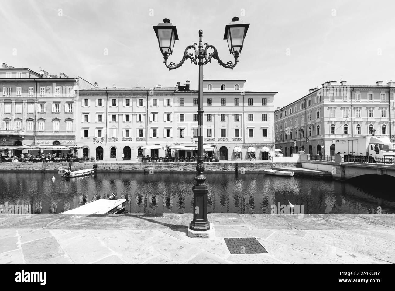 JULY 22, 2019 - TRIESTE, ITALY - Canal Grande, the Grand Canal, is a navigable canal that crosses the historical center of Trieste and reaches the sea Stock Photo