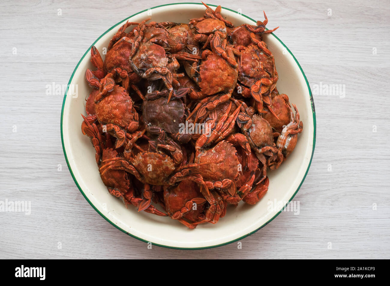 Top view of cooked blue crabs on a plate Stock Photo