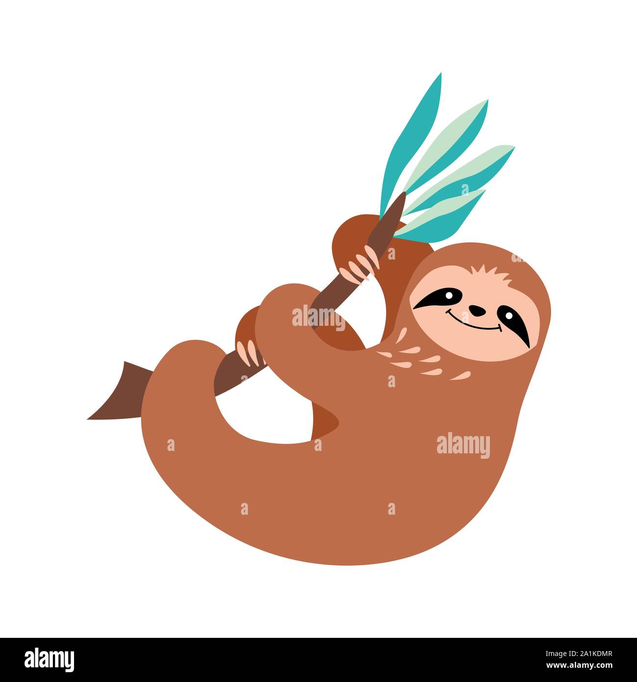 Cute cartoon sloth holding and hanging on a branch. Smiling animal isolated on white background. Flat vector illustration. Stock Vector