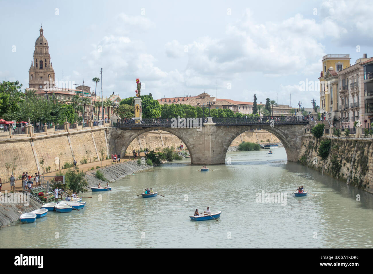 Boats on the River Segura in the City of Murcia in Spain Stock Photo