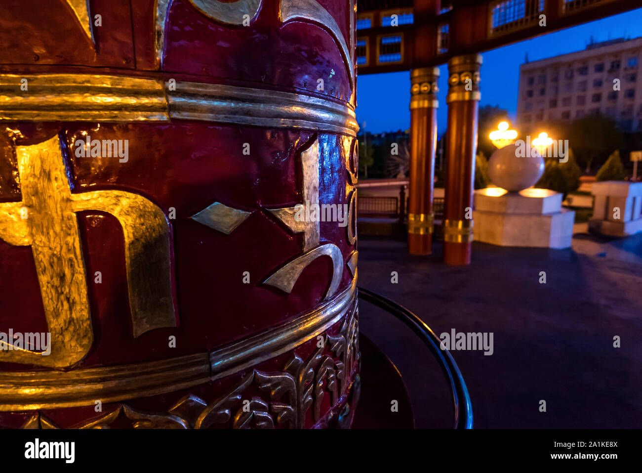 ELISTA, RUSSIA - MAY 5, 2018: Night view of Pagoda of the Seven Days in the central square of Lenin in the city of Elista, Kalmykia, Russia. Elista is Stock Photo