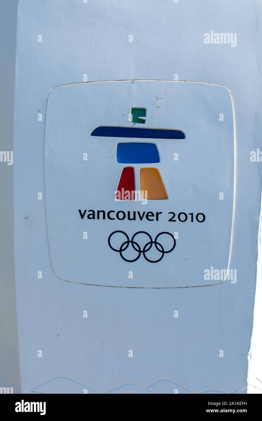 'Whistler, British Columbia/Canada - 08/07/2019: Whistler village Vancouver 2010 Olympics sign and logo for games the inukshuk' Stock Photo