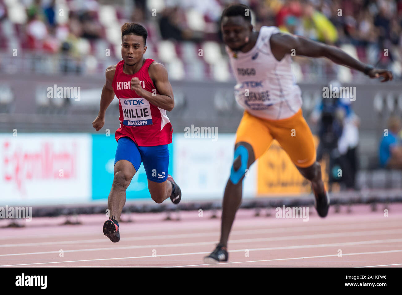 Doha, Qatar. 27th Sep, 2019. Athletics, IAAF World Championships, World Championships at Khalifa International Stadium 100 meters, men, lead