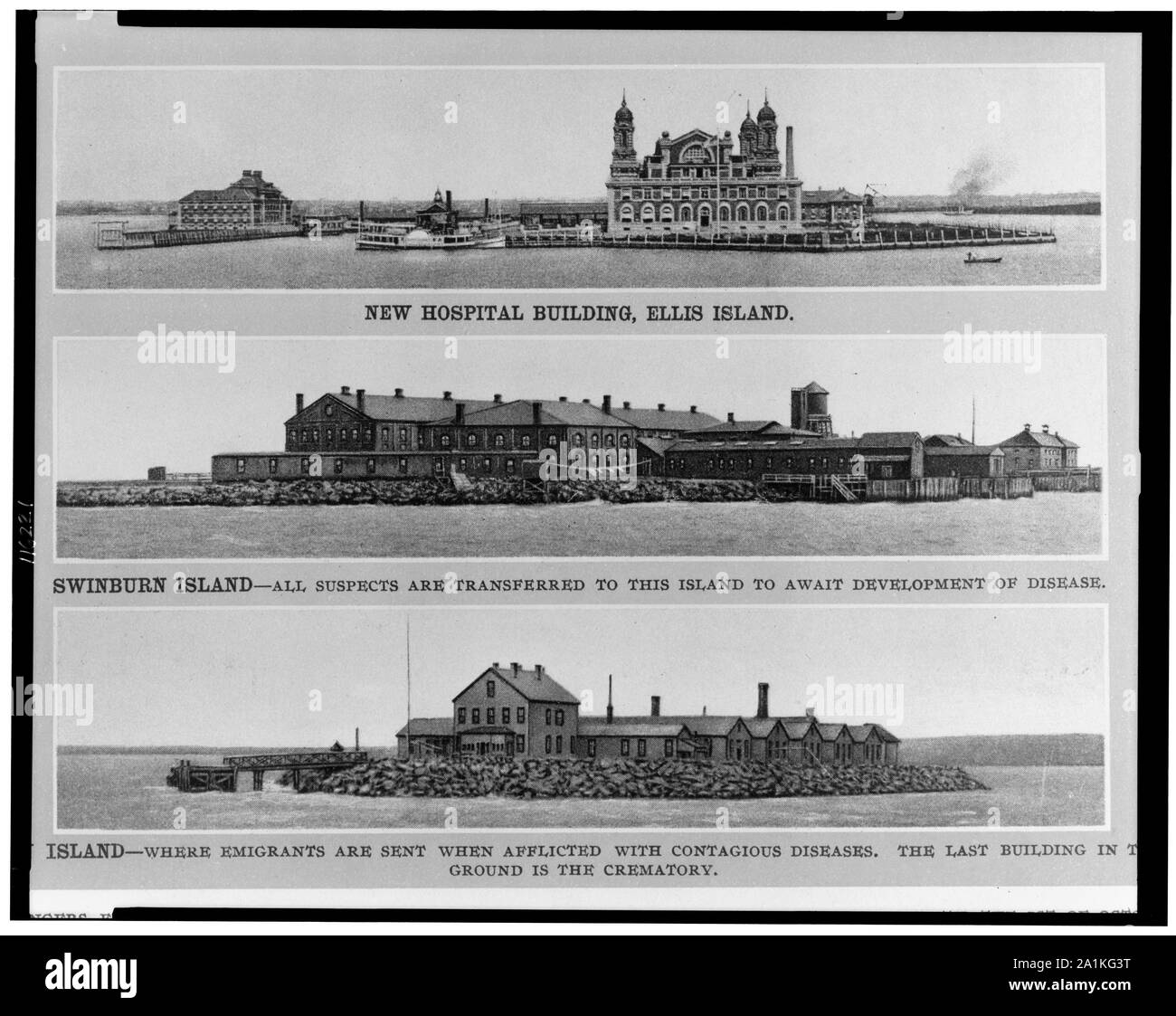 New hospital building, Ellis Island; quarantine buildings on Swinburn Island and Hoffman Island Stock Photo