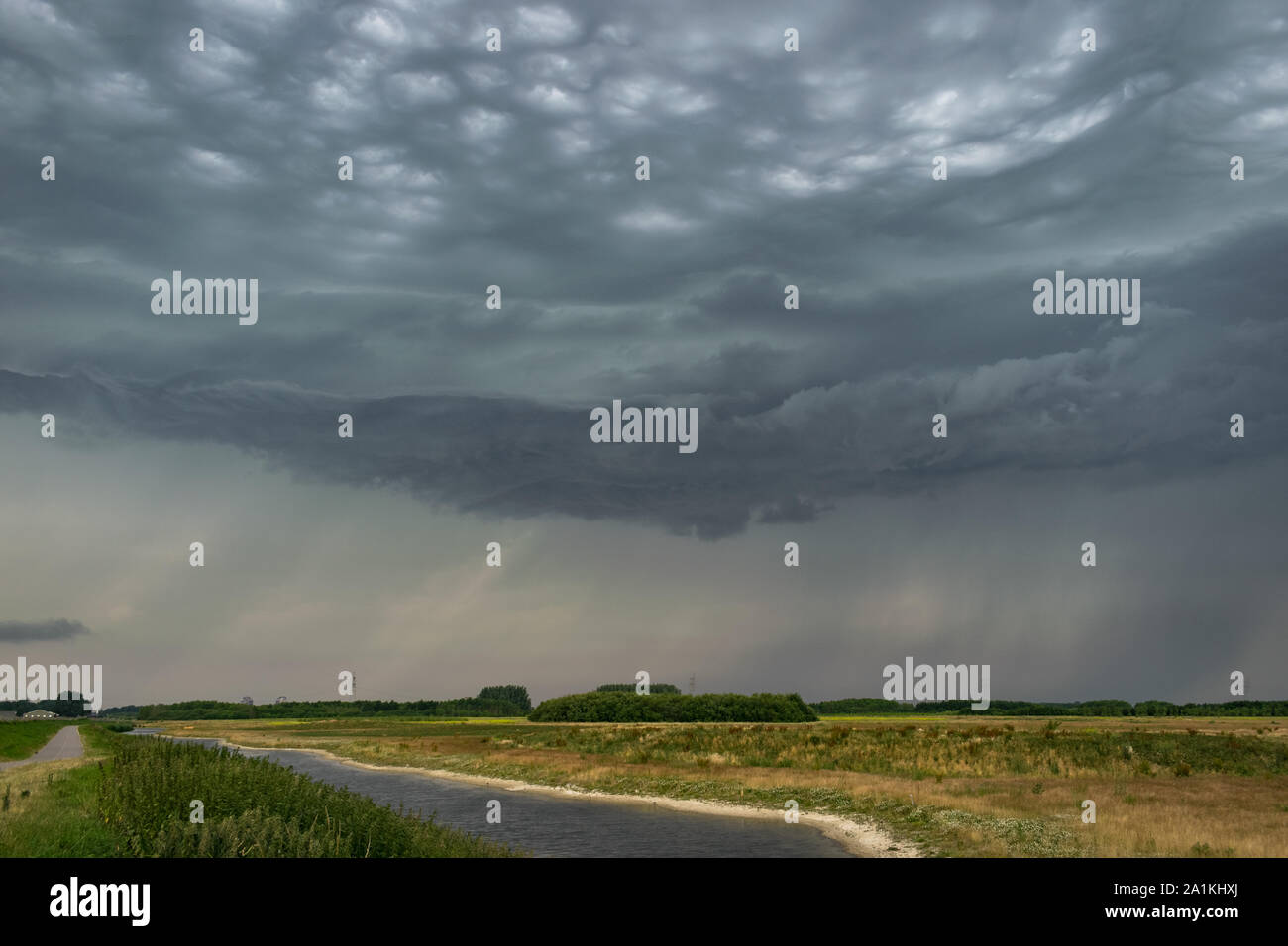 Dramatic thunderstorm clouds over the dutch countryside. These are called Altocumulus undulatus asperatus clouds. Stock Photo