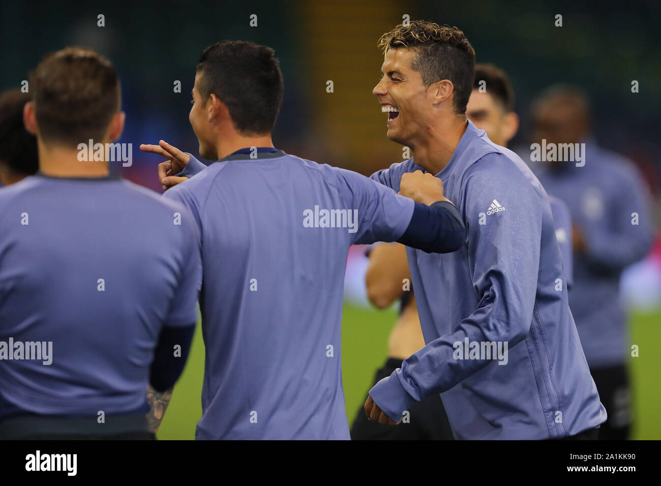 Cristiano Ronaldo of Real Madrid jokes with team mate, James Rodriguez - Real Madrid training ahead of the UEFA Champions League Final, National Stadium of Wales, Cardiff - 2nd June 2017. Stock Photo