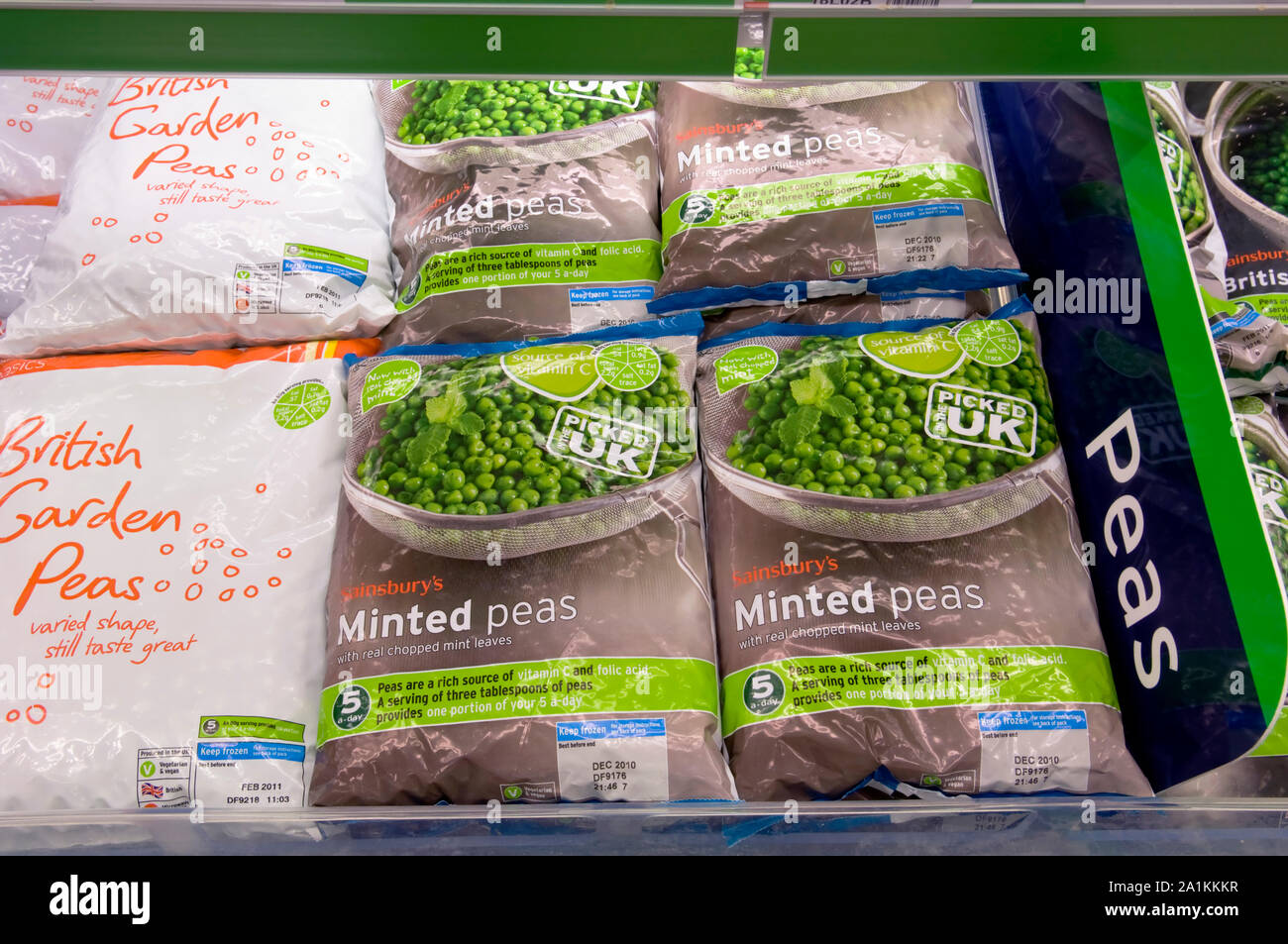 Frozen peas for sale in Sainsbury's supermarket. Stock Photo