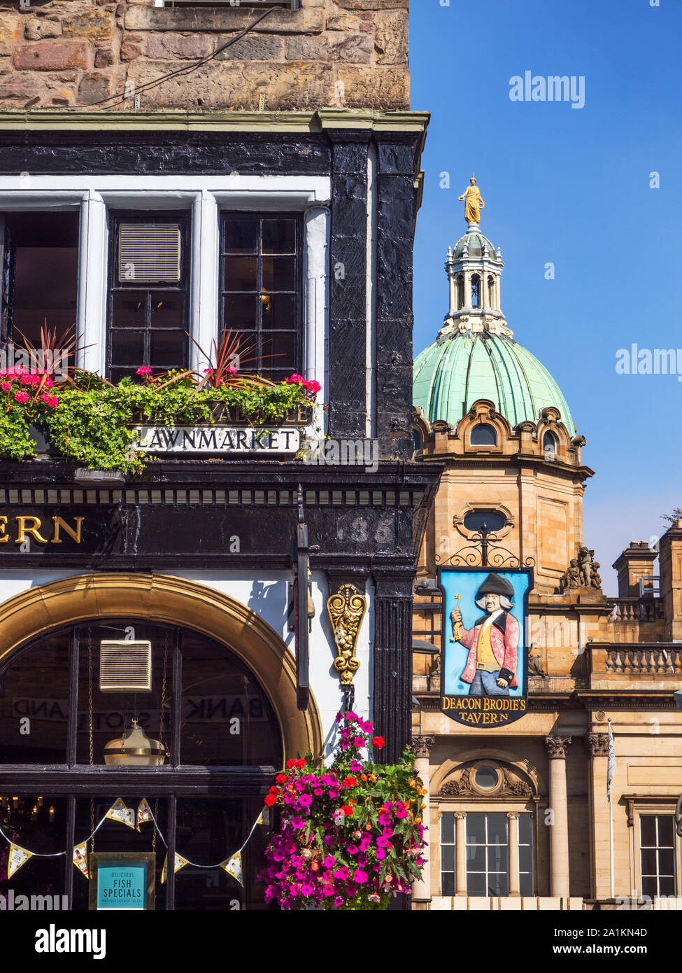 The Bank of Scotland building from Deacon Brodies Tavern on Lawnmarket The Royal Mile Edinburgh Scotland Stock Photo