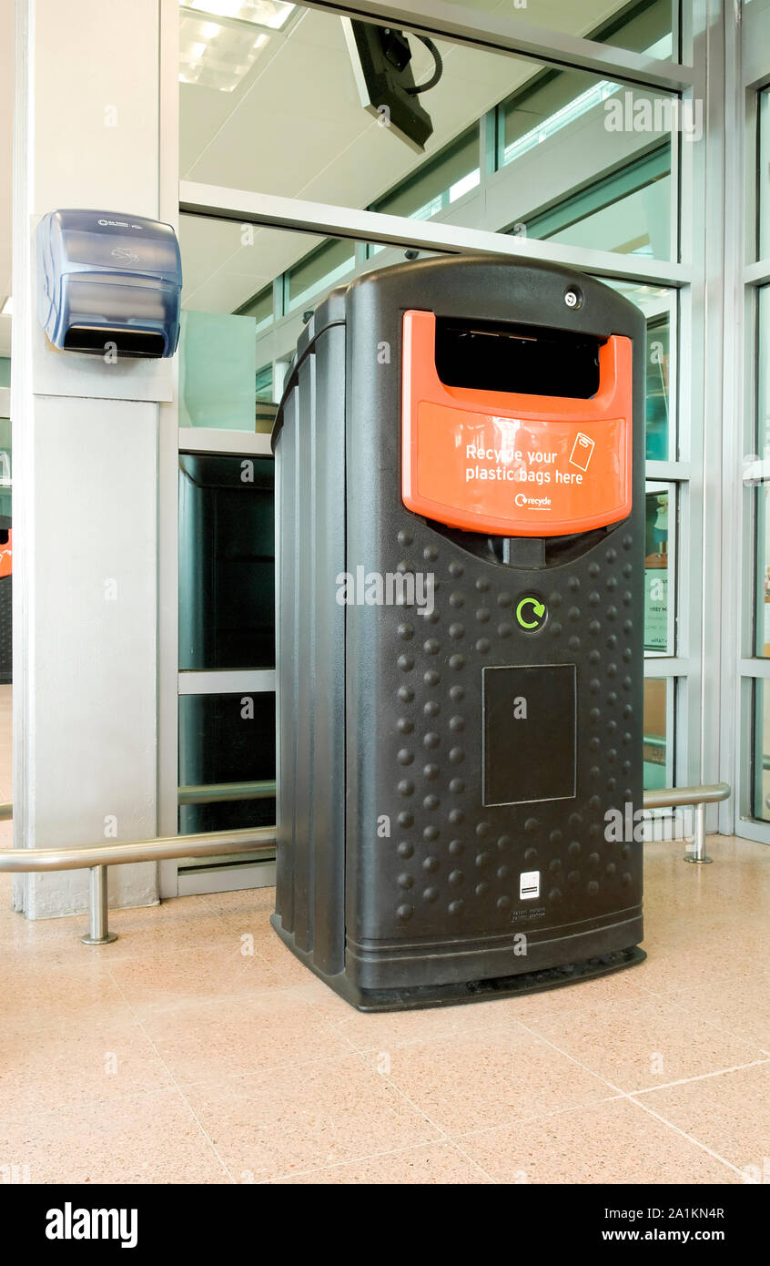 Plastic bag recycling bins Stock Photo Alamy