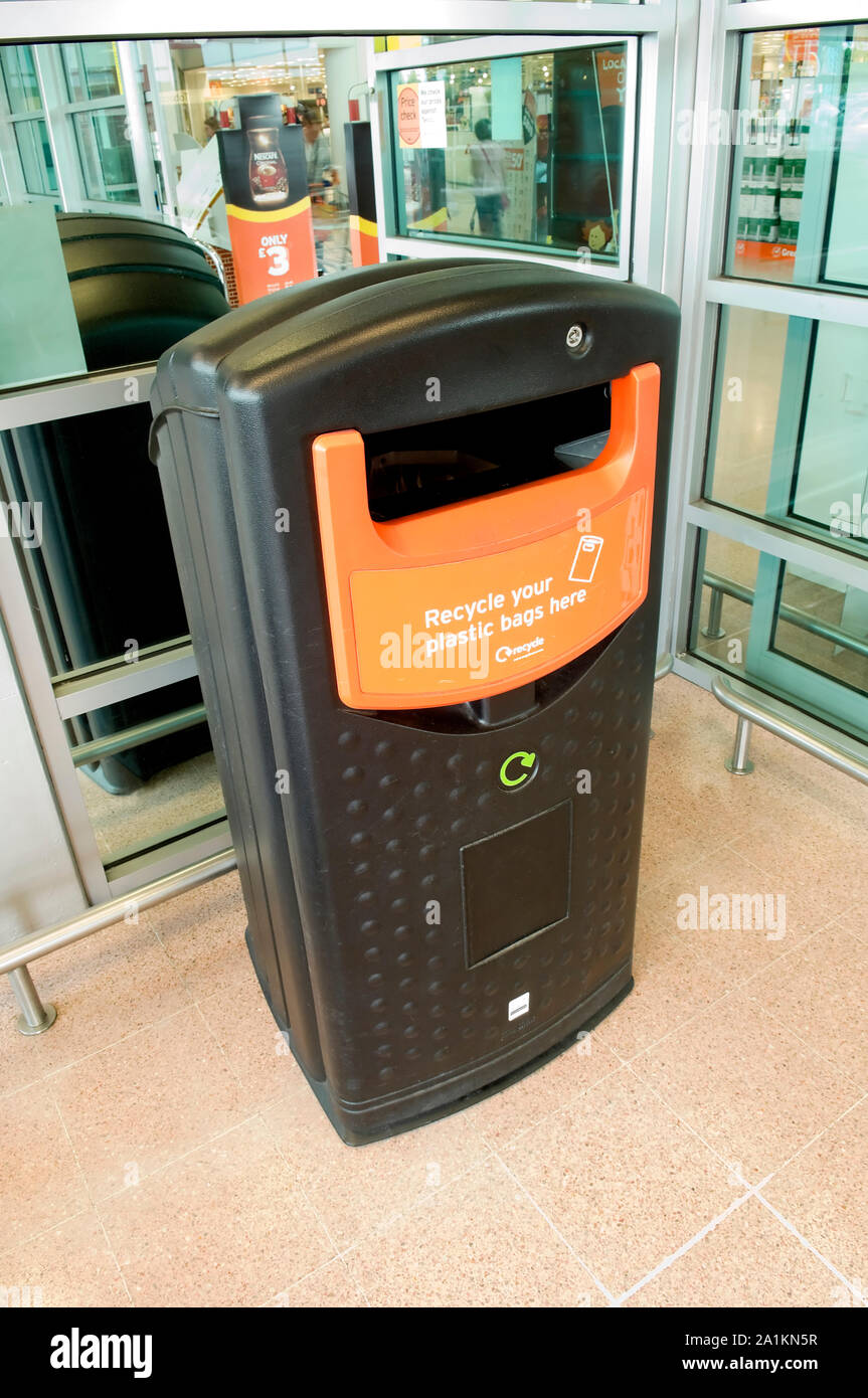Plastic bag recycling bins Stock Photo Alamy