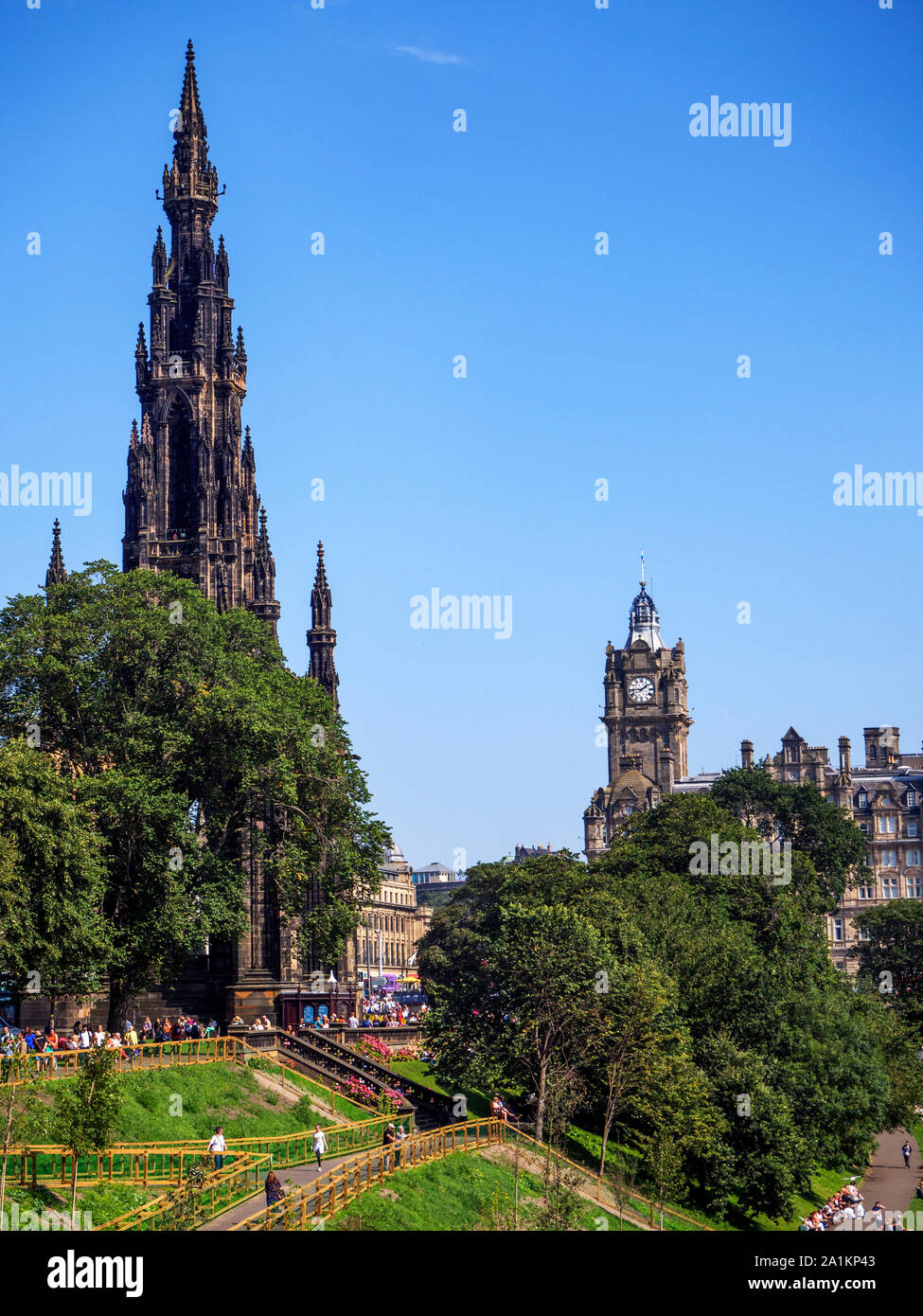 The Scott Monument and Balmoral Hotel from Princes Street Gardens Edinburgh Scotland Stock Photo