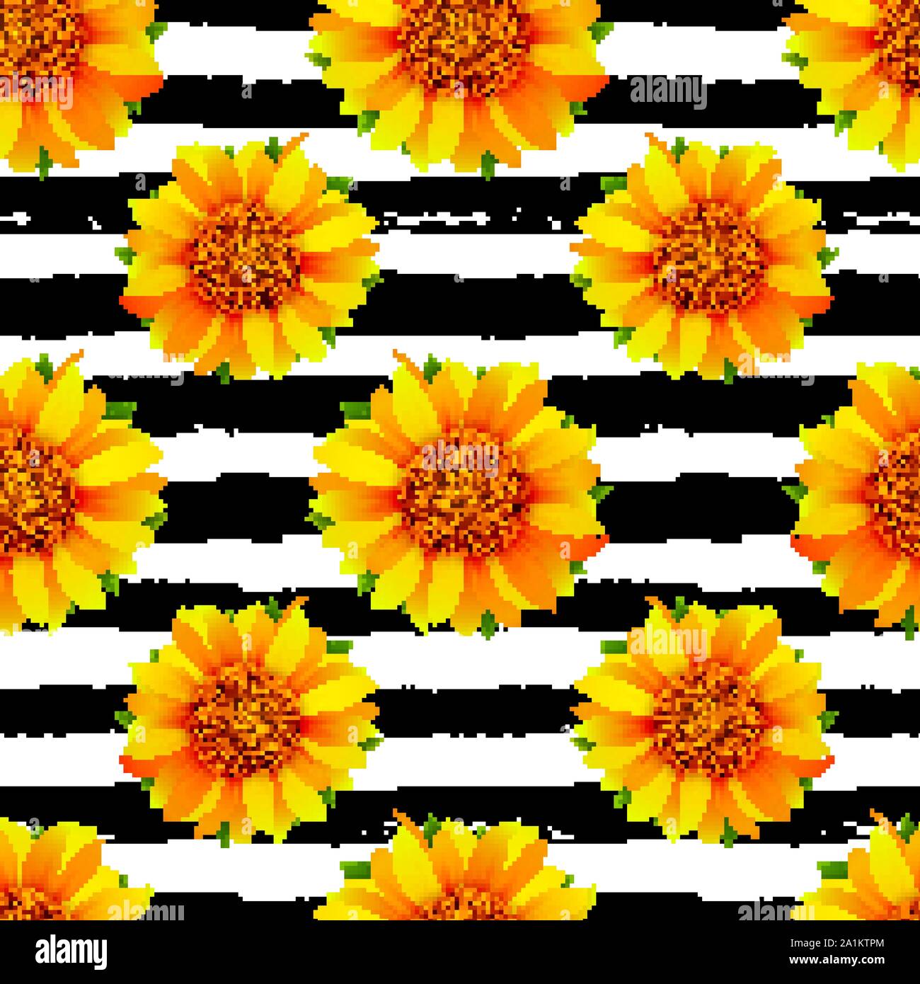 Seamless pattern with sunflowers on black and white stripes background