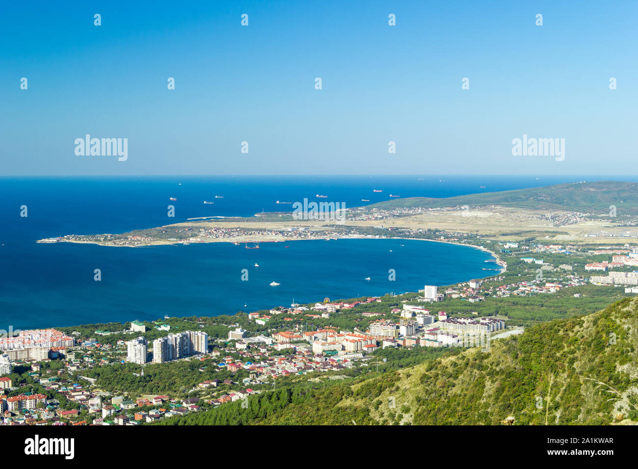Scenic view of Gelendzhik city district and sea bay. Sunny day. Vacation on resort. Stock Photo